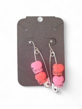 Pink & Red Skull Safety Pin Dangle Earrings